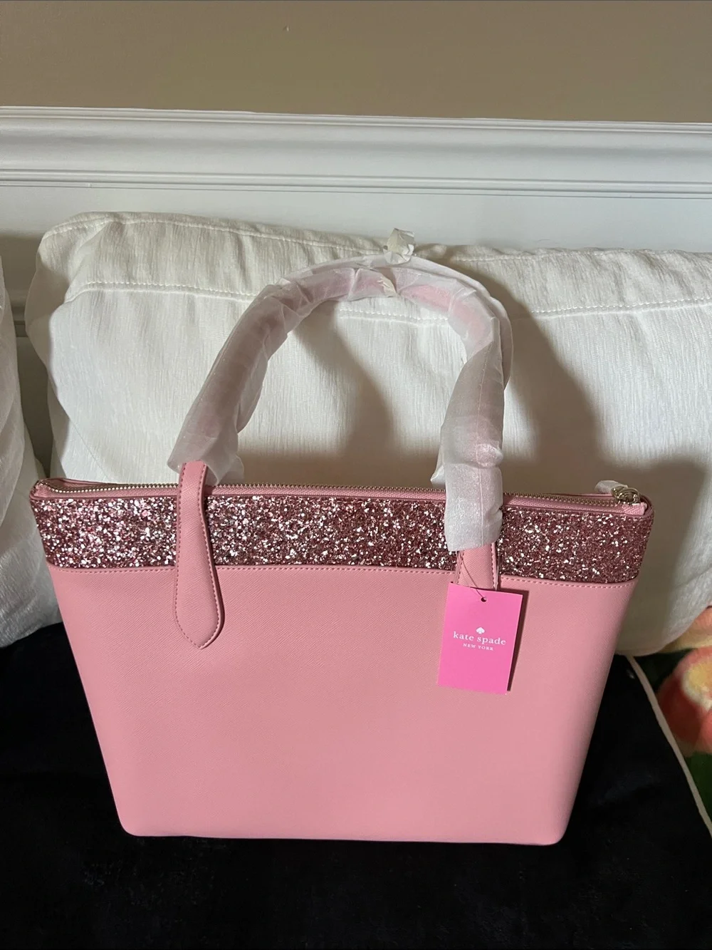 NWT Kate spade Pink Tote with Pink Glitter Trim